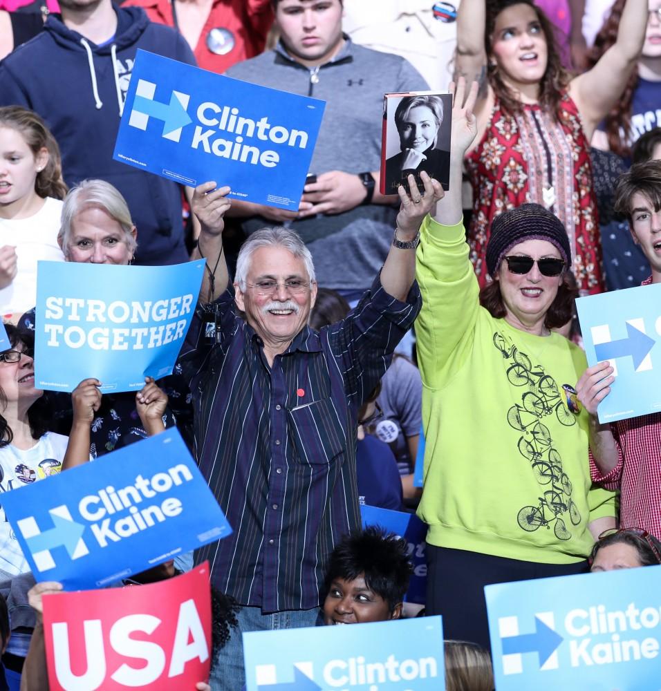 GVL/Kevin Sielaff - Spectators await Hillary Clinton's speech at Grand Valley State's Fieldhouse Arena on Monday, Nov. 7, 2016. 