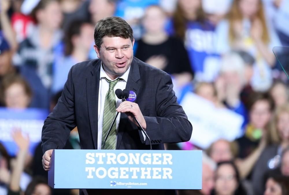 GVL/Kevin Sielaff - Brandon Dillon, Chairperson of the Michigan Democratic Party, introduces Hillary Clinton at Grand Valley State's Fieldhouse Arena on Monday, Nov. 7, 2016. 