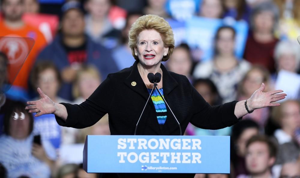 GVL/Kevin Sielaff - Senator Debbie Stabenow introduces Hillary Clinton at Grand Valley State's Fieldhouse Arena on Monday, Nov. 7, 2016. 