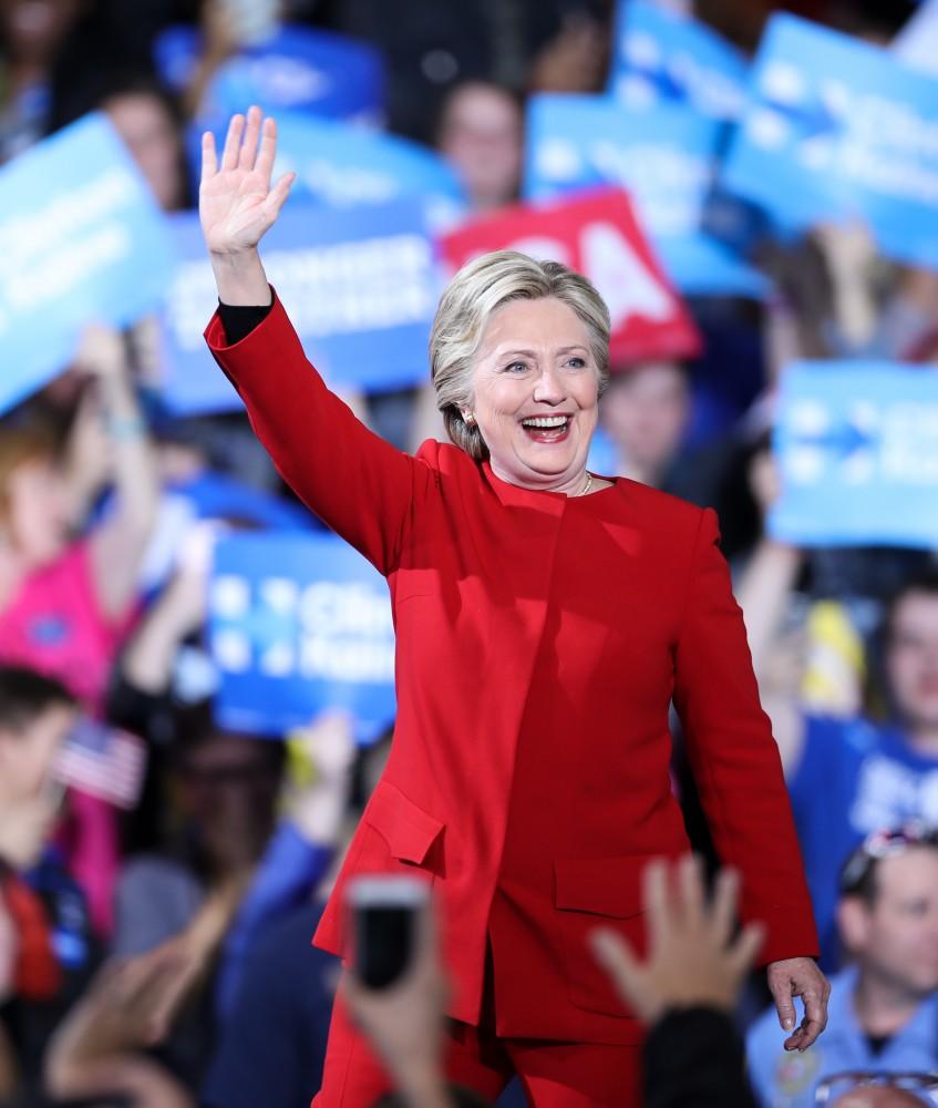 GVL/Kevin Sielaff - Hillary Clinton takes the stage at Grand Valley State's Fieldhouse Arena on Monday, Nov. 7, 2016. 