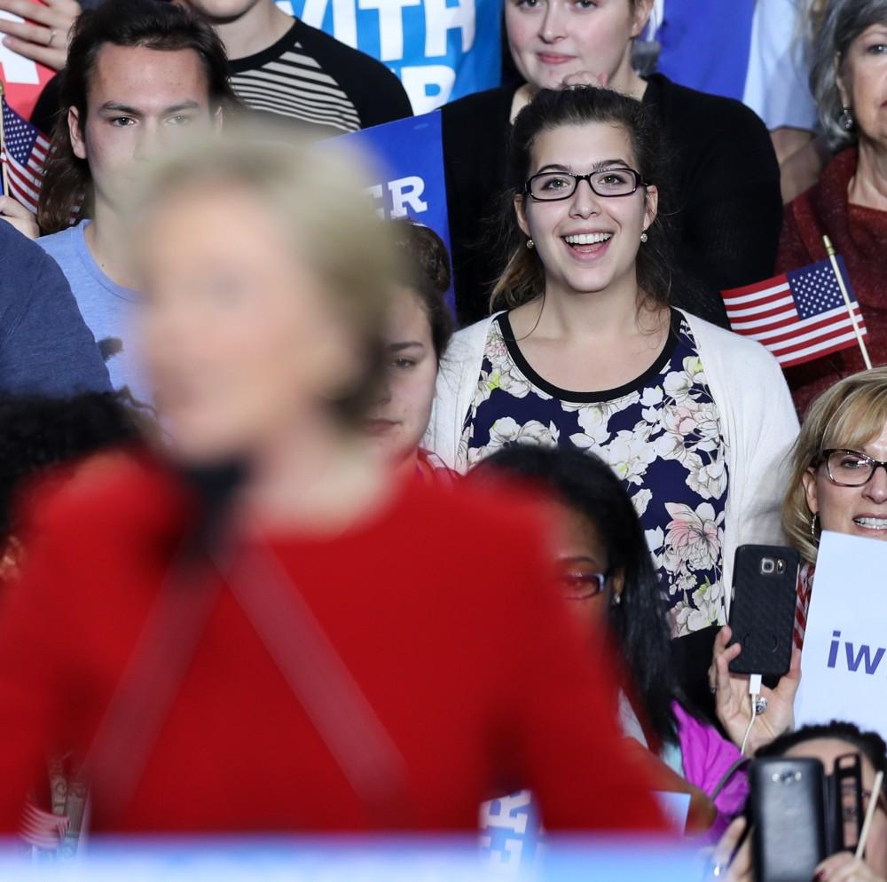 GVL/Kevin Sielaff - Hillary Clinton speaks at Grand Valley State's Fieldhouse Arena on Monday, Nov. 7, 2016. 