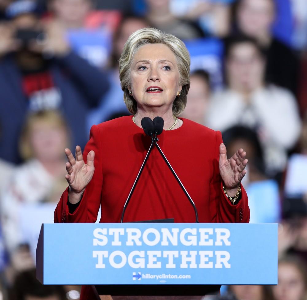 GVL/Kevin Sielaff - Hillary Clinton speaks at Grand Valley State's Fieldhouse Arena on Monday, Nov. 7, 2016. 