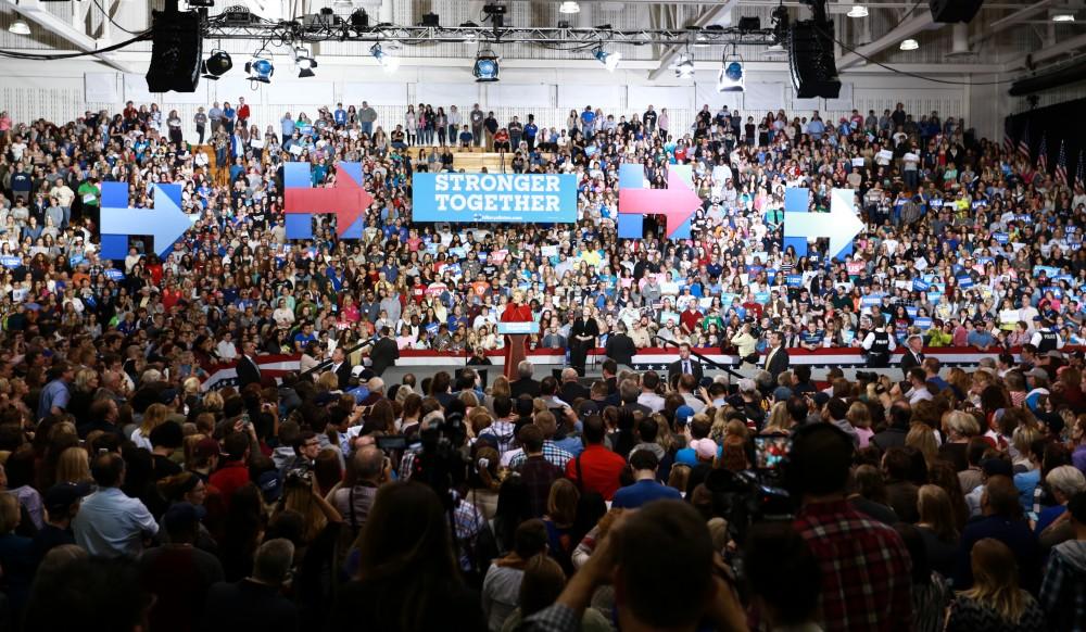 GVL/Kevin Sielaff - Hillary Clinton speaks at Grand Valley State's Fieldhouse Arena on Monday, Nov. 7, 2016. 