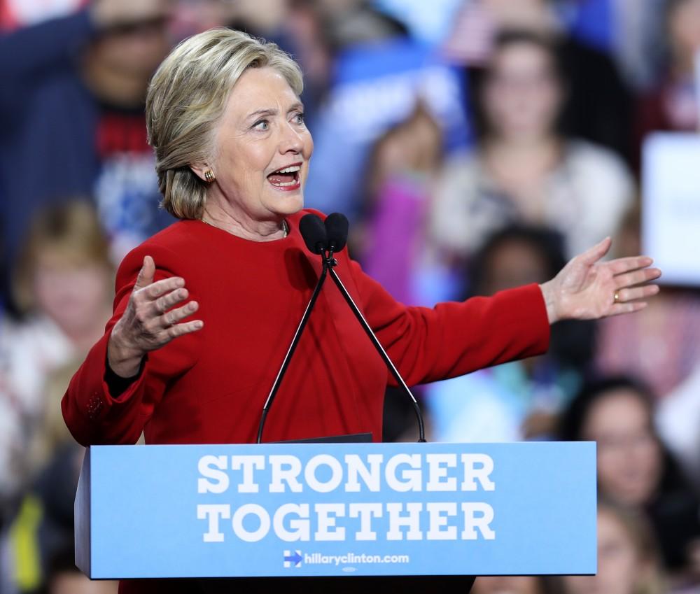 GVL/Kevin Sielaff - Hillary Clinton speaks at Grand Valley State's Fieldhouse Arena on Monday, Nov. 7, 2016. 