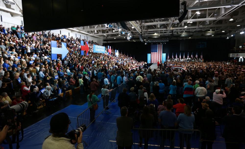 GVL/Kevin Sielaff - Hillary Clinton speaks at Grand Valley State's Fieldhouse Arena on Monday, Nov. 7, 2016. 