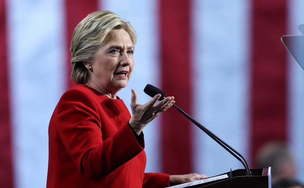 GVL/Kevin Sielaff - Hillary Clinton speaks at Grand Valley State's Fieldhouse Arena on Monday, Nov. 7, 2016. 