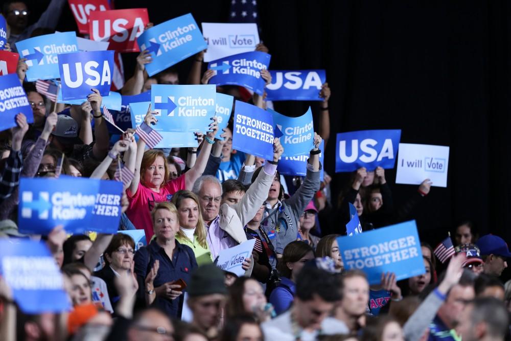 GVL/Kevin Sielaff - Hillary Clinton speaks at Grand Valley State's Fieldhouse Arena on Monday, Nov. 7, 2016. 