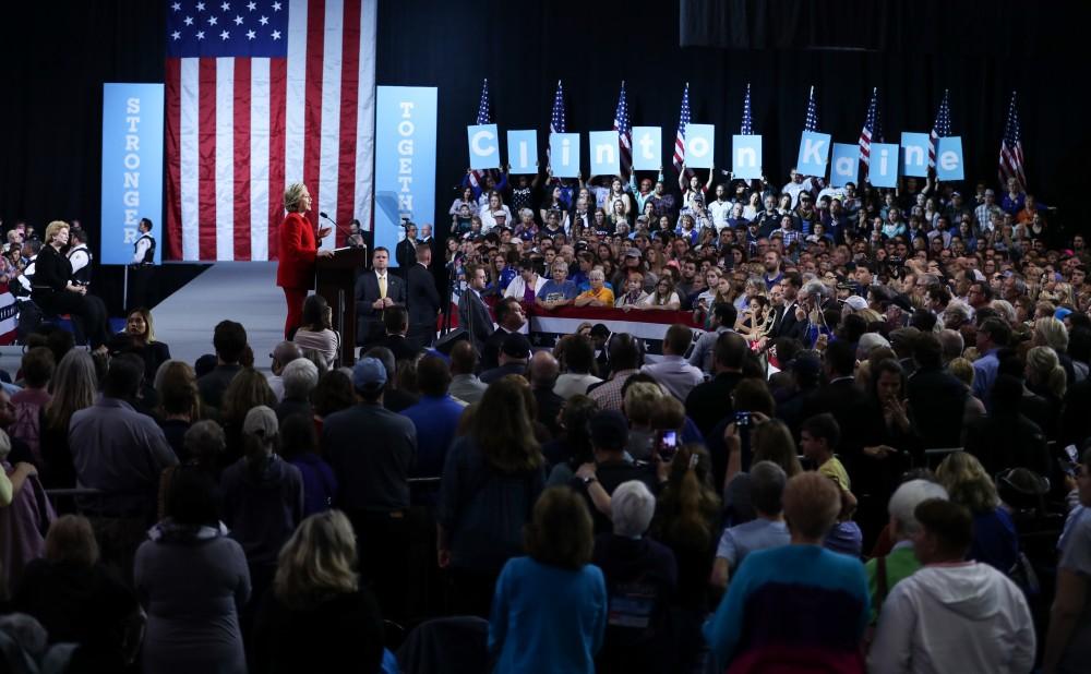 GVL/Kevin Sielaff - Hillary Clinton speaks at Grand Valley State's Fieldhouse Arena on Monday, Nov. 7, 2016. 