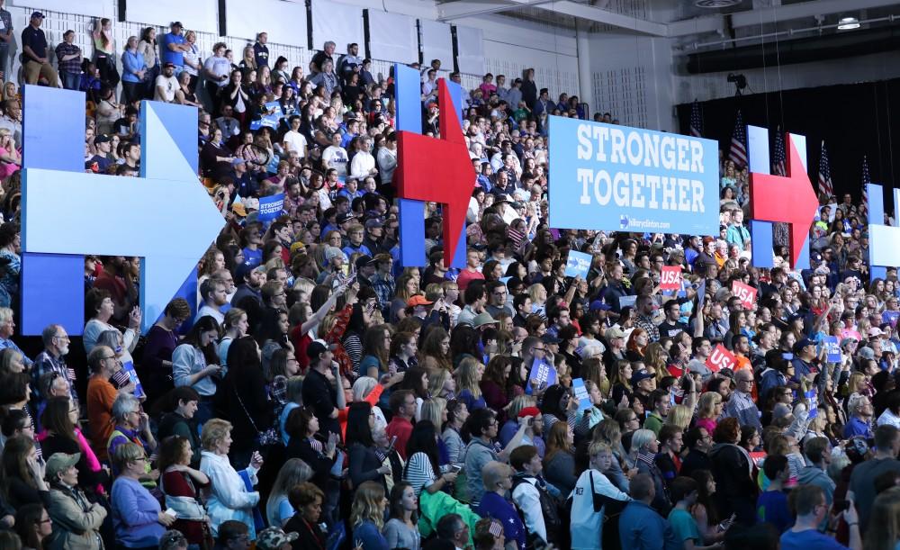 GVL/Kevin Sielaff - Hillary Clinton speaks at Grand Valley State's Fieldhouse Arena on Monday, Nov. 7, 2016. 