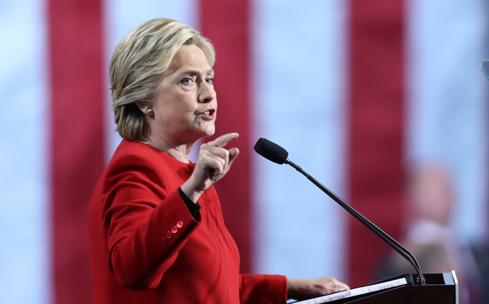 GVL/Kevin Sielaff - Hillary Clinton speaks at Grand Valley State's Fieldhouse Arena on Monday, Nov. 7, 2016. 