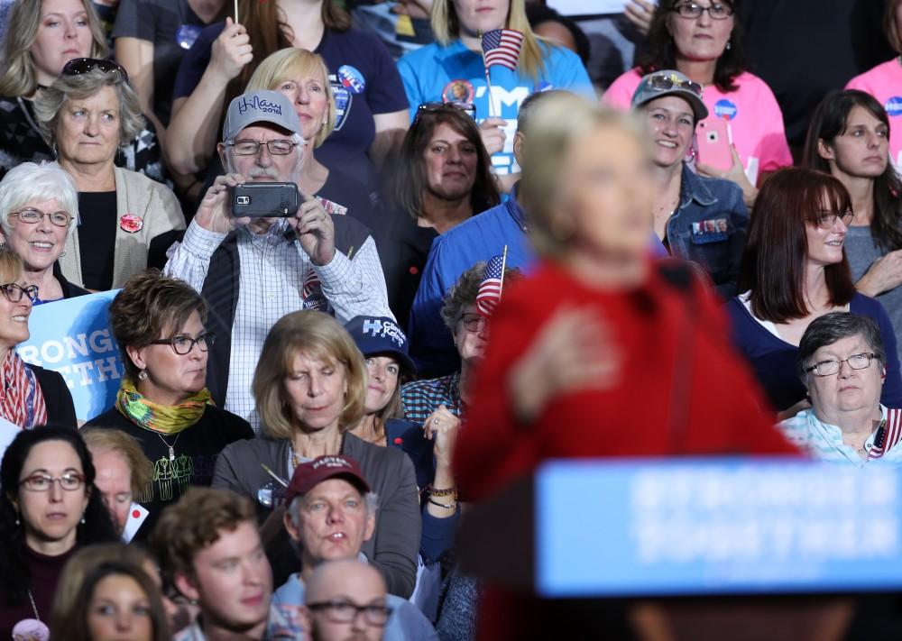 GVL/Kevin Sielaff - Hillary Clinton speaks at Grand Valley State's Fieldhouse Arena on Monday, Nov. 7, 2016. 