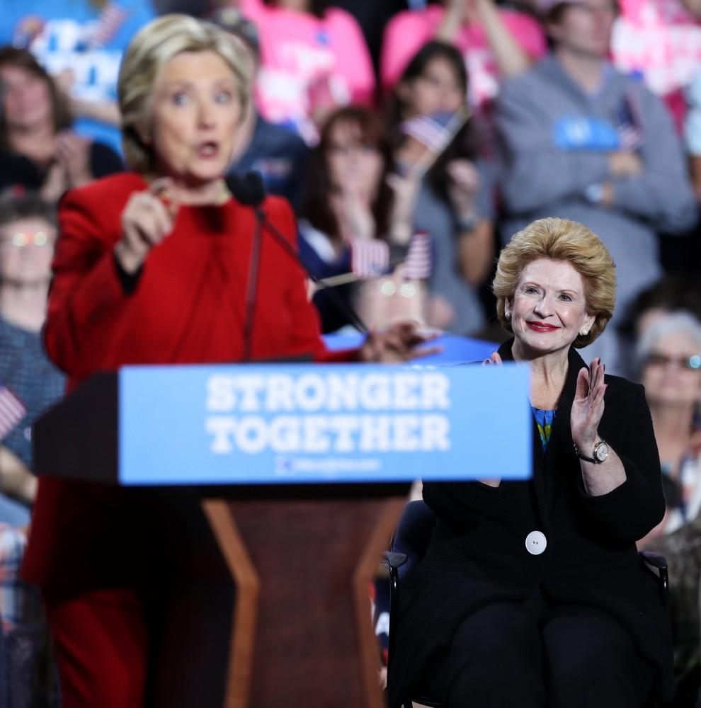 GVL/Kevin Sielaff - Hillary Clinton speaks at Grand Valley State's Fieldhouse Arena on Monday, Nov. 7, 2016. 