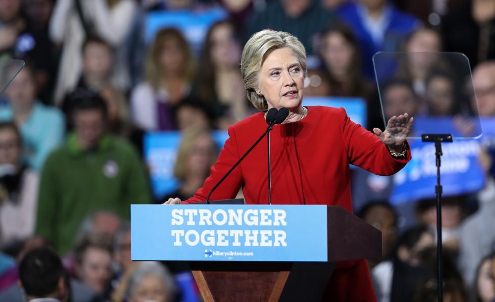 GVL/Kevin Sielaff - Hillary Clinton speaks at Grand Valley State's Fieldhouse Arena on Monday, Nov. 7, 2016. 