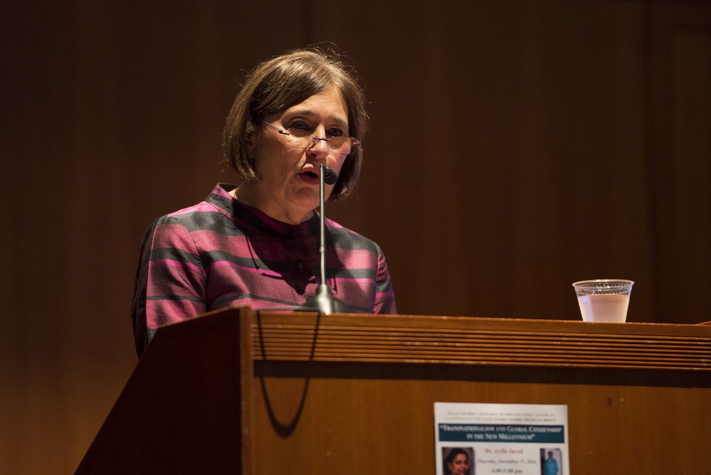 GVL / Luke Holmes - Arifa Javed is given an introduction. Arifa Javed spoke in the Cook DeWitt center on Thursday, Nov. 17, 2016.