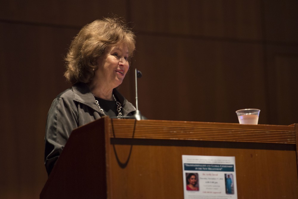 GVL / Luke Holmes - Arifa Javed is given an introduction by Gayle Davis. Arifa Javed spoke in the Cook DeWitt center on Thursday, Nov. 17, 2016.