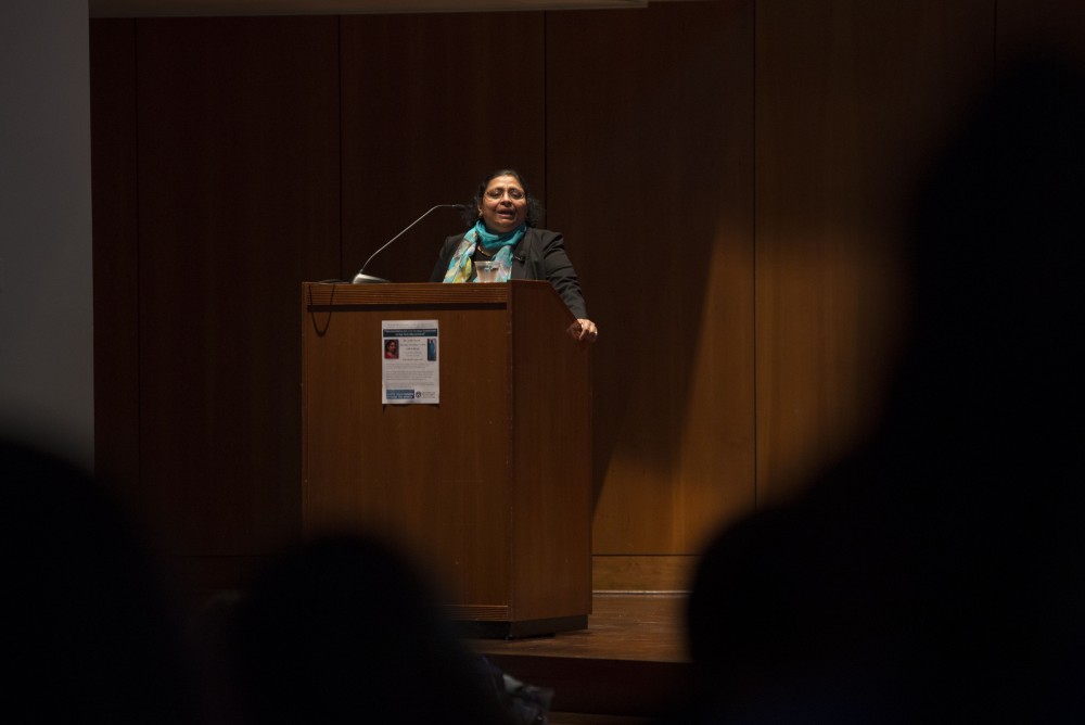 GVL / Luke Holmes - Arifa Javed is given an introduction. Arifa Javed spoke in the Cook DeWitt center on Thursday, Nov. 17, 2016.