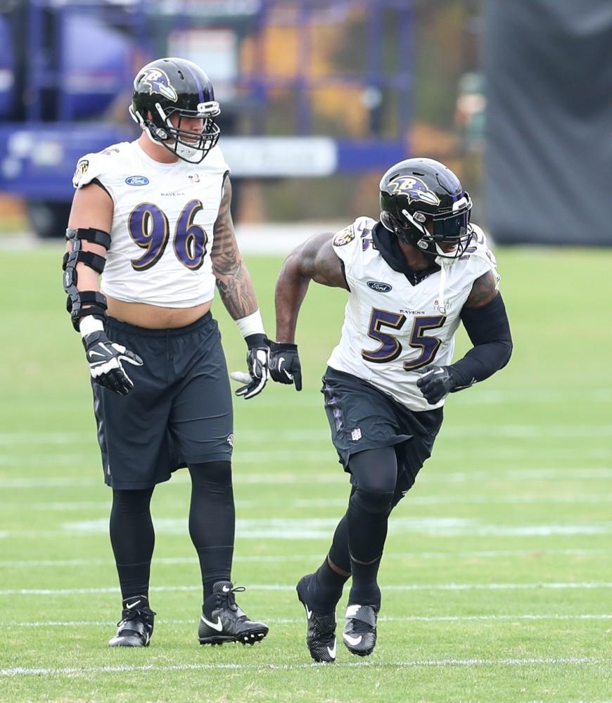 GVL/Kevin Sielaff - Terrell Suggs (55) runs drills during a Baltimore Ravens practice on Thursday, Nov. 3, 2016 in Baltimore, Maryland. 