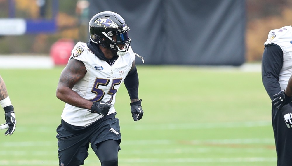 GVL/Kevin Sielaff - Terrell Suggs (55) runs drills during a Baltimore Ravens practice on Thursday, Nov. 3, 2016 in Baltimore, Maryland. 