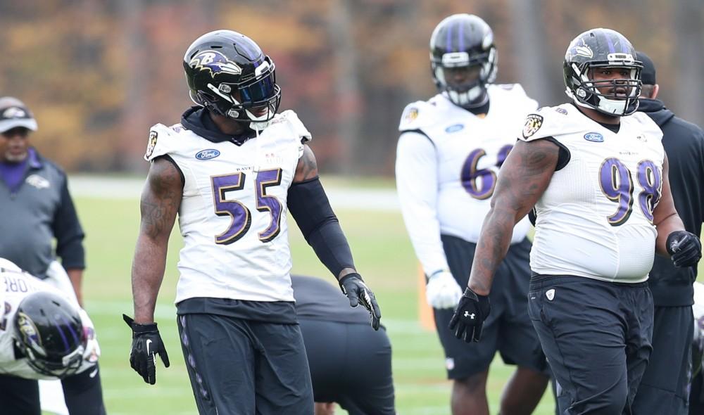 GVL/Kevin Sielaff - Terrell Suggs (55) runs drills during a Baltimore Ravens practice on Thursday, Nov. 3, 2016 in Baltimore, Maryland. 