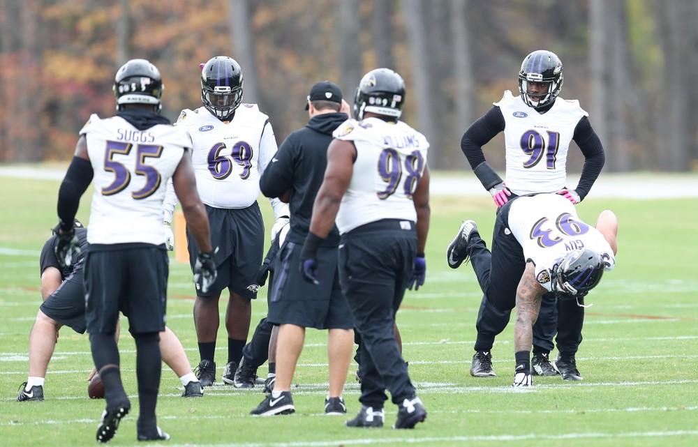 GVL/Kevin Sielaff - Matt Judon (91) and company runs drills during a Baltimore Ravens practice on Thursday, Nov. 3, 2016 in Baltimore, Maryland. 