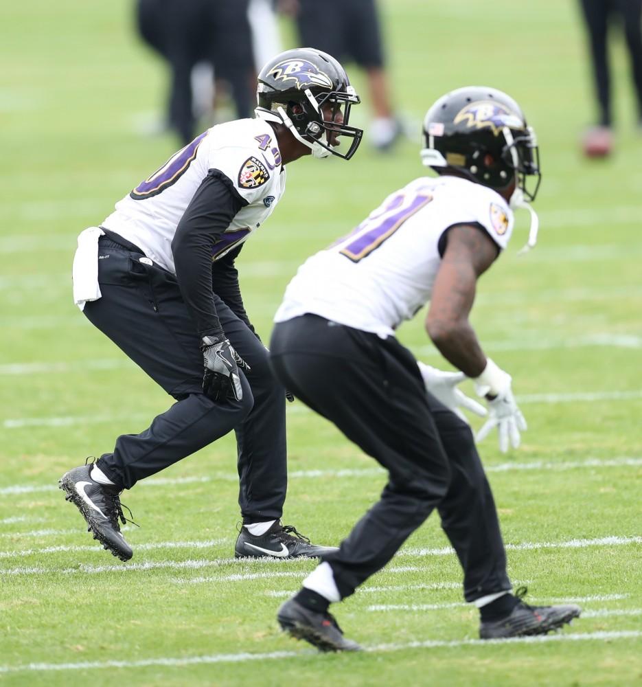 GVL/Kevin Sielaff - Daniel Robertson (40) runs drills during a Baltimore Ravens practice on Thursday, Nov. 3, 2016 in Baltimore, Maryland. 