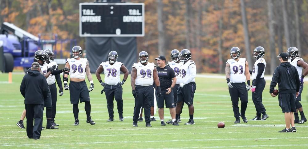 GVL/Kevin Sielaff - Offensive linebackers pause for a moment in between drills during a Baltimore Ravens practice on Thursday, Nov. 3, 2016 in Baltimore, Maryland. 