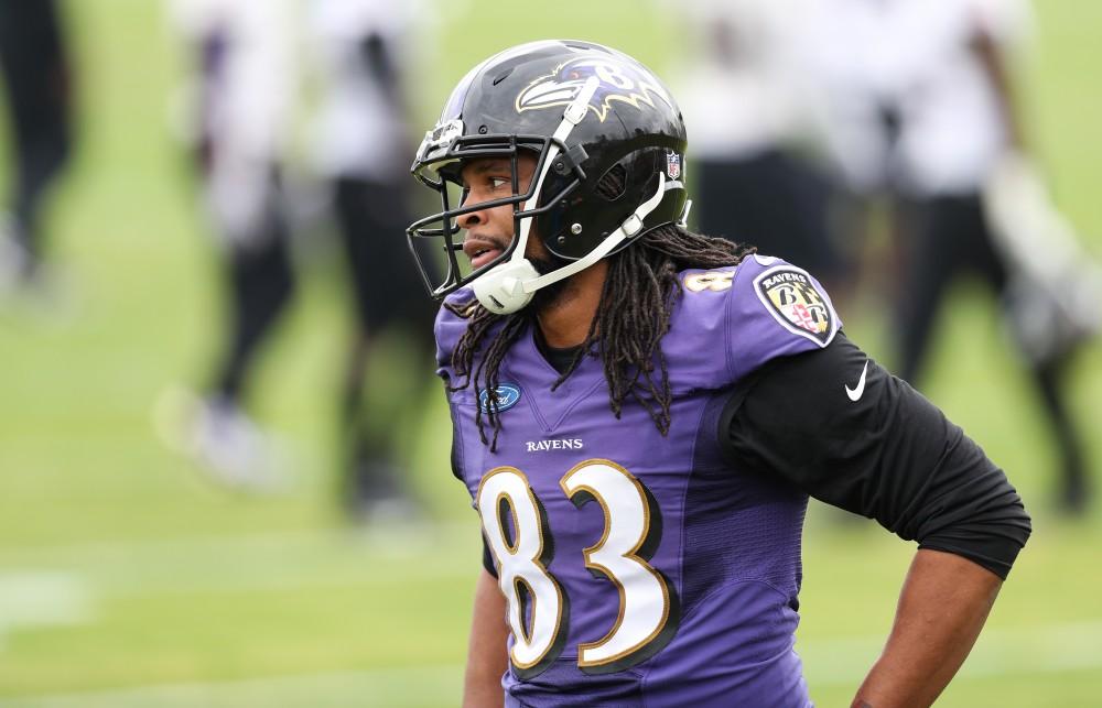 GVL/Kevin Sielaff - Nic Jacobs (83) paces the turf after running a few drills during a Baltimore Ravens practice on Thursday, Nov. 3, 2016 in Baltimore, Maryland. 