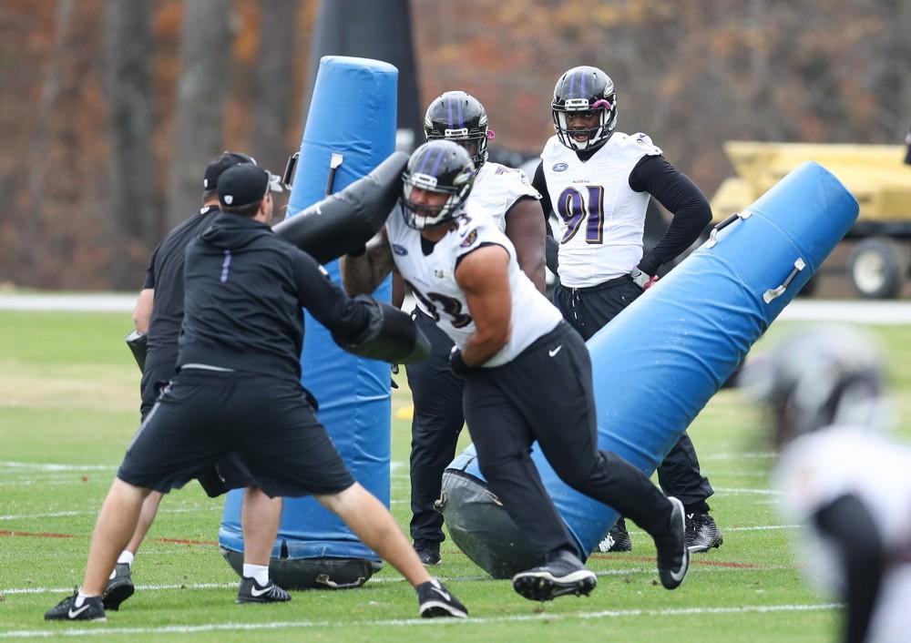 GVL/Kevin Sielaff - Matt Judon (91) awaits his turn to run through weighted dummies during a Baltimore Ravens practice on Thursday, Nov. 3, 2016 in Baltimore, Maryland. 