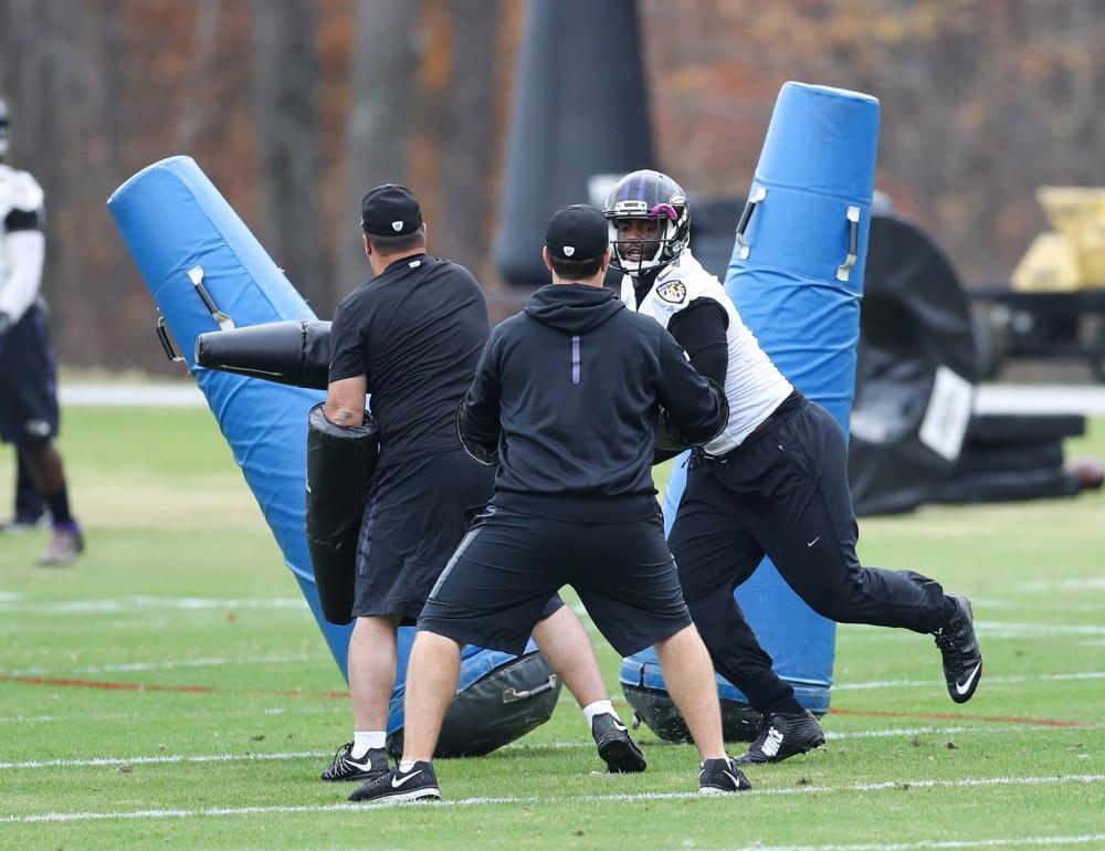 GVL/Kevin Sielaff - Matt Judon (91) runs through weighted dummies during a Baltimore Ravens practice on Thursday, Nov. 3, 2016 in Baltimore, Maryland.