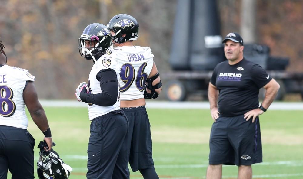 GVL/Kevin Sielaff - Matt Judon (91) warms up before a Baltimore Ravens practice on Thursday, Nov. 3, 2016 in Baltimore, Maryland. 