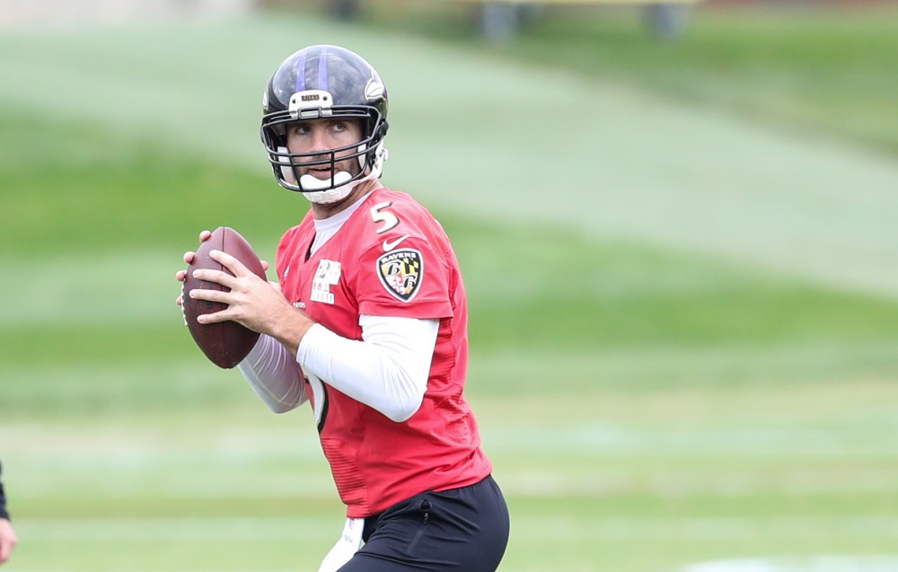 GVL/Kevin Sielaff - Joe Flacco (5) backs up and looks to send a pass down field during a Baltimore Ravens practice on Thursday, Nov. 3, 2016 in Baltimore, Maryland. 