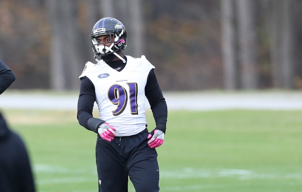 GVL/Kevin Sielaff - Matt Judon (91) warms up before a Baltimore Ravens practice on Thursday, Nov. 3, 2016 in Baltimore, Maryland. 