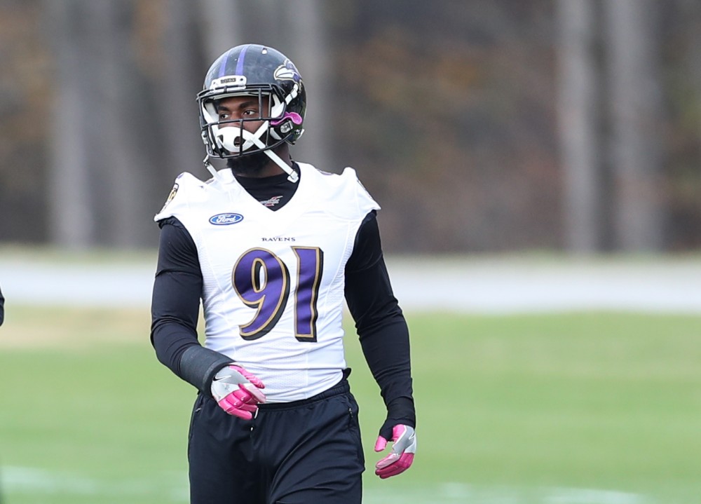 GVL/Kevin Sielaff - Matt Judon (91) warms up before a Baltimore Ravens practice on Thursday, Nov. 3, 2016 in Baltimore, Maryland. 