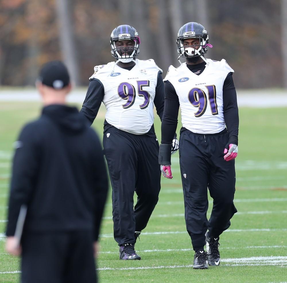 GVL/Kevin Sielaff - Matt Judon (91) warms up before a Baltimore Ravens practice on Thursday, Nov. 3, 2016 in Baltimore, Maryland. 