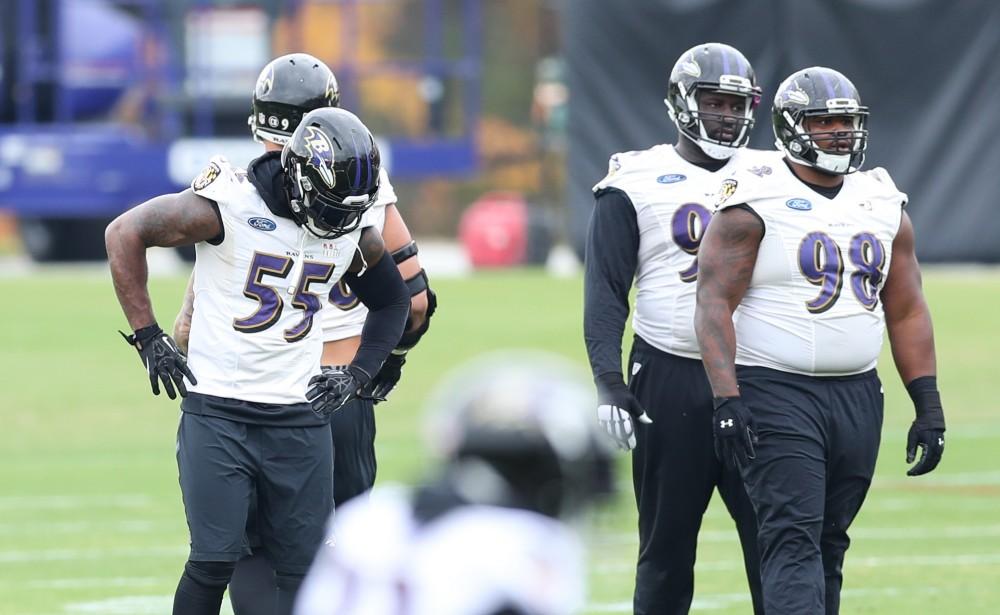 GVL/Kevin Sielaff - Terrell Suggs (55) warms up before a Baltimore Ravens practice on Thursday, Nov. 3, 2016 in Baltimore, Maryland. 