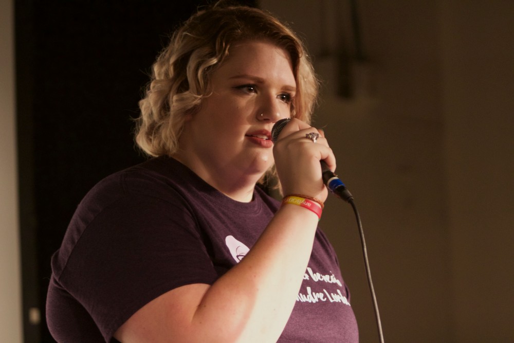 GVL/Mackenzie Bush - Brianna Bost performs at Oppression Out Loud Poetry Slam, presented by Eyes Wide Open, Thursday, Nov. 10, 2016 in Area 51. 