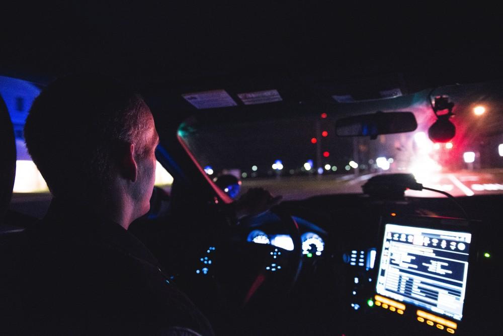 GVL / Luke Holmes - Sergeant Stoll puts on his lights and rushes to a medical emergency call. The ride along with Sergeant Jeff Stoll took place on Saturday, Oct. 29, 2016.