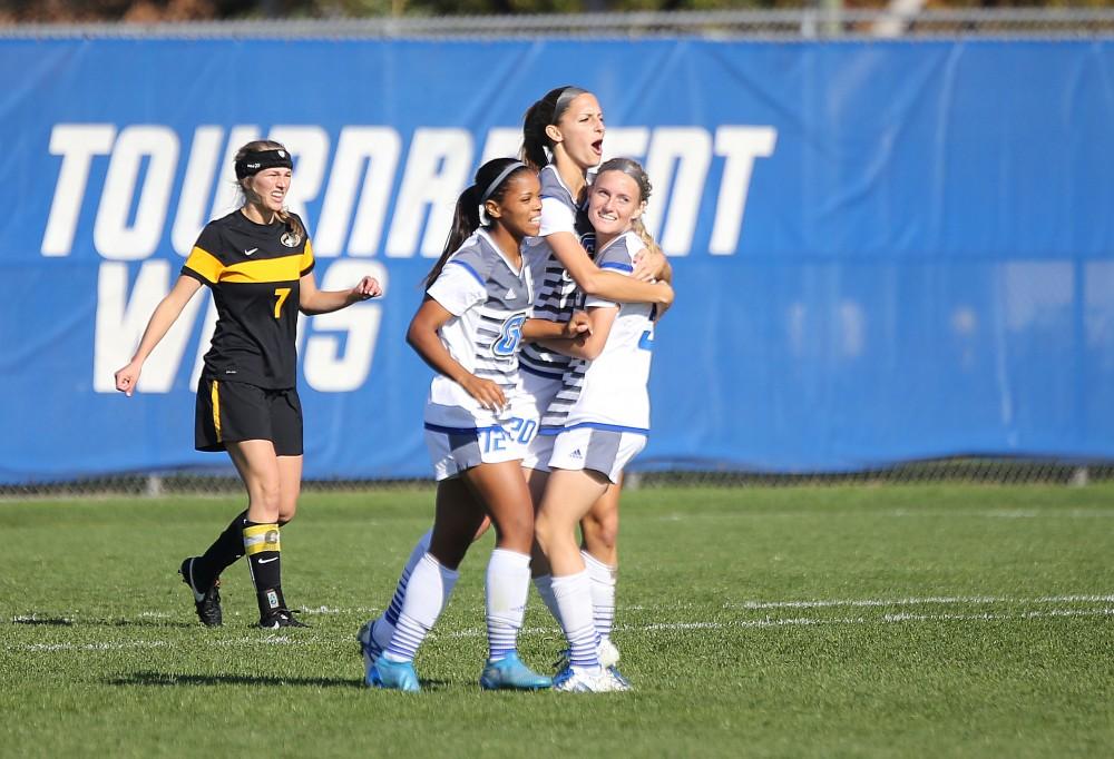 GVL / Emily Frye 
Gabrielle Mencotti scores the first goal of the game during the GLIAC Conference Championship against the Michigan Tech Huskies on Sunday Nov. 6, 2016.