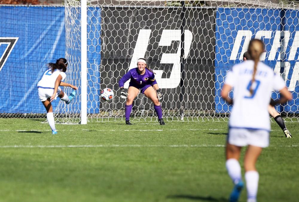 GVL / Emily Frye 
Jayma Martin scores the second goal of the game during the GLIAC Conference Championship against the Michigan Tech Huskies on Sunday Nov. 6, 2016.