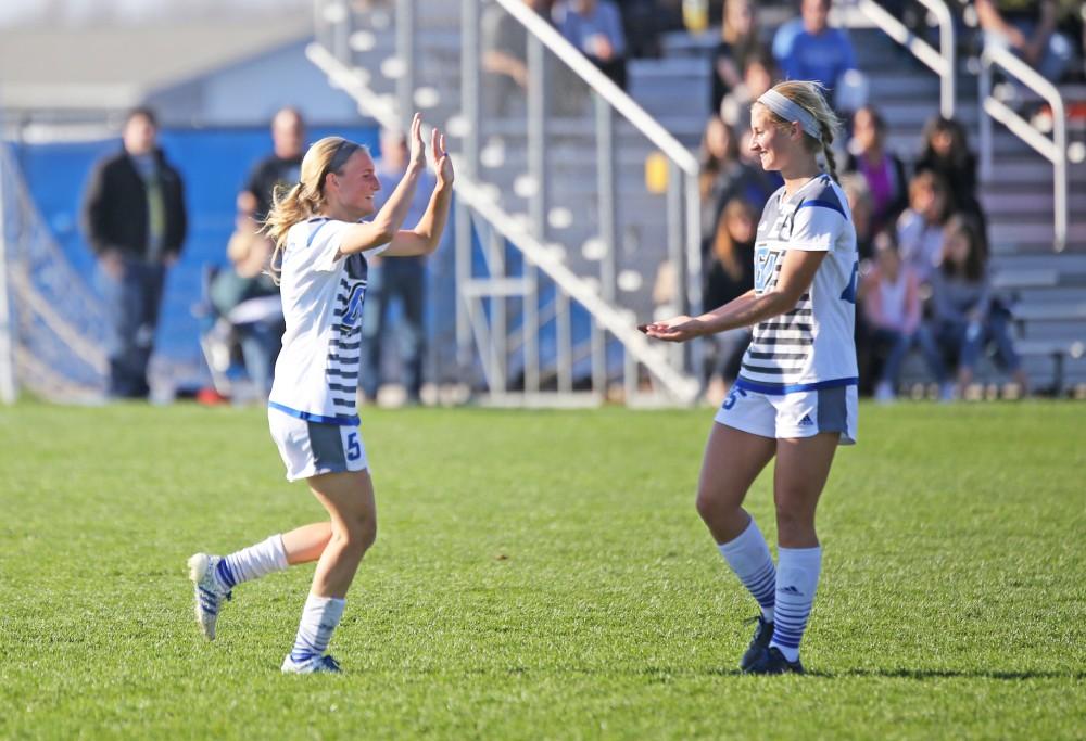 GVL / Emily Frye 
Kendra Stauffer scores the third goal of the game during the GLIAC Conference Championship on Sunday Nov. 6, 2016.