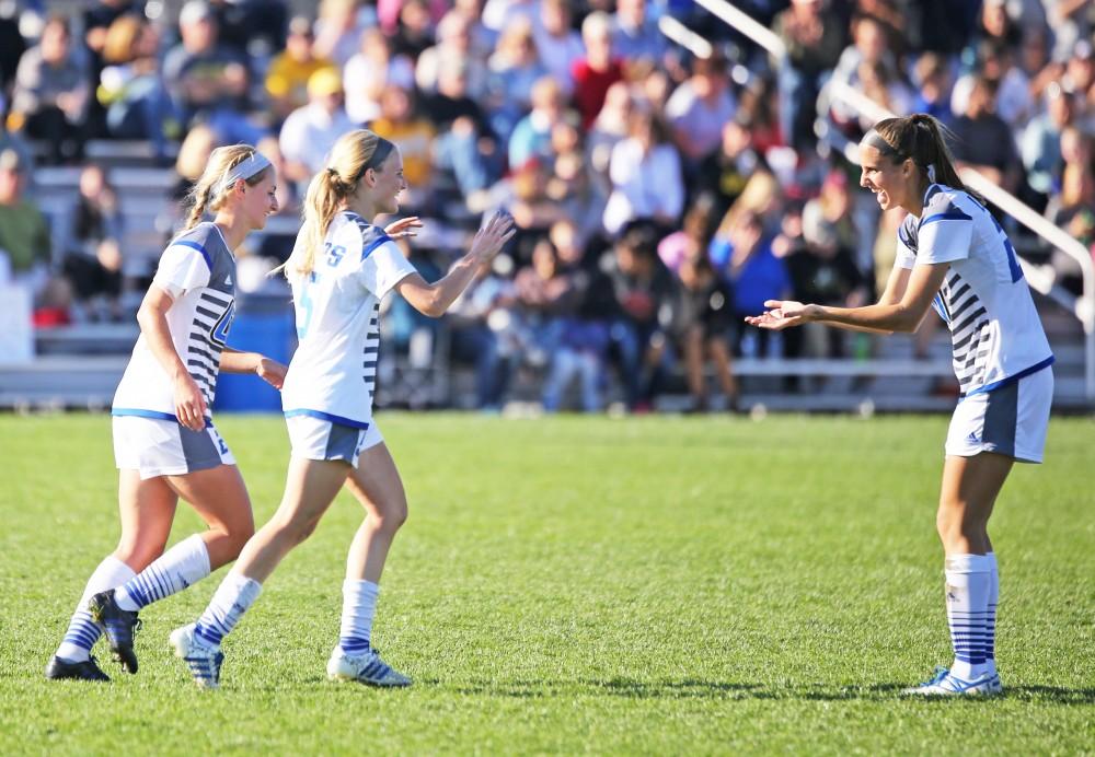 GVL / Emily Frye 
Kendra Stauffer scores a goal of the game during the GLIAC Conference Championship on Sunday Nov. 6, 2016.