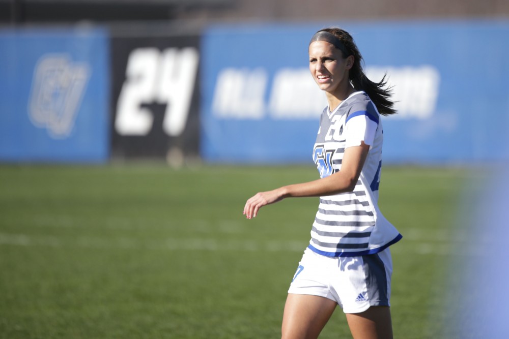 GVL / Luke Holmes - Gabriella Mencotti (20) looks on toward the play. GVSU Women's Soccer won 2-0 against Missouri St. Louis on Sunday, Nov. 13, 2016.