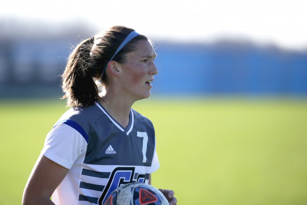 GVL / Luke Holmes - Clare Carlson (7) gets ready to throw the ball in. GVSU Women's Soccer won 2-0 against Missouri St. Louis on Sunday, Nov. 13, 2016.