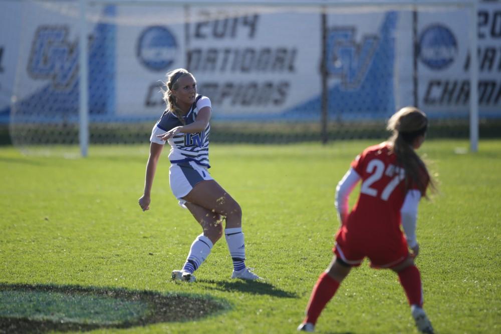 GVL / Luke Holmes - Erika Bradfield (17) clears the ball down the field. GVSU Women's Soccer won 2-0 against Missouri St. Louis on Sunday, Nov. 13, 2016.