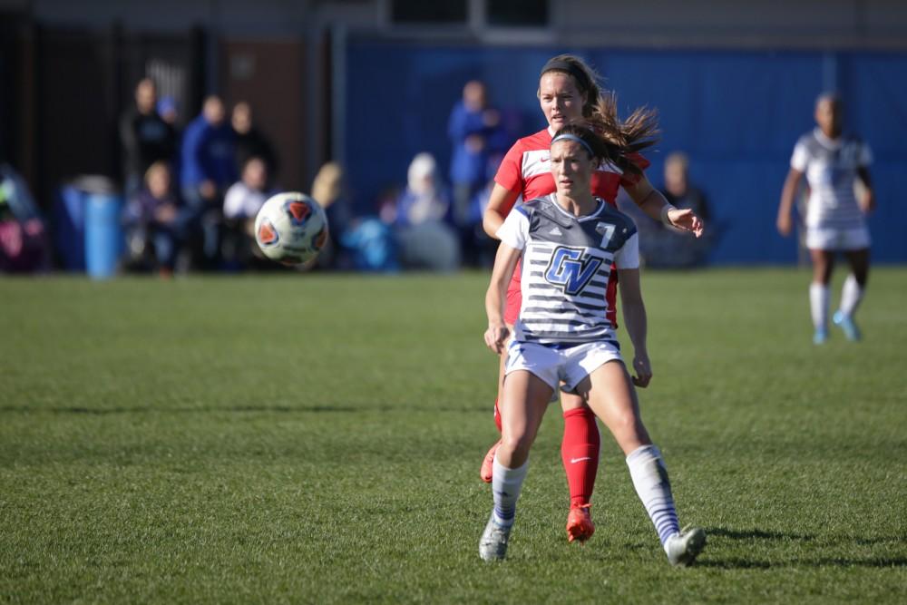 GVL / Luke Holmes - Clare Carlson (7) gets in front of the defender to try and gain control of the ball. GVSU Women's Soccer won 2-0 against Missouri St. Louis on Sunday, Nov. 13, 2016.