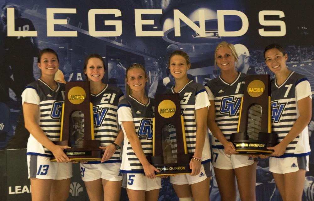 GVL/Mackenzie Bush - Seniors from the women's soccer team pose for a photo inside of the Fieldhouse Arena on Tuesday, Nov. 8, 2016. 