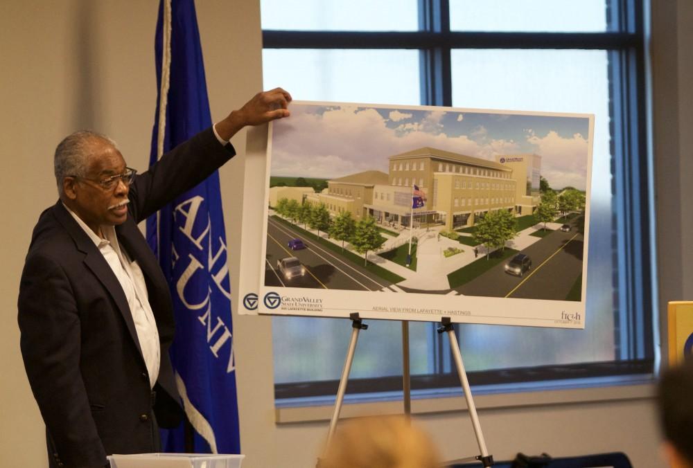 GVL/Mackenzie Bush - Associate Vice President for Facilities Planning, James Moyer, presents on GVSU’s current building projects at the Student Senate meeting Thursday, Nov. 10, 2016.