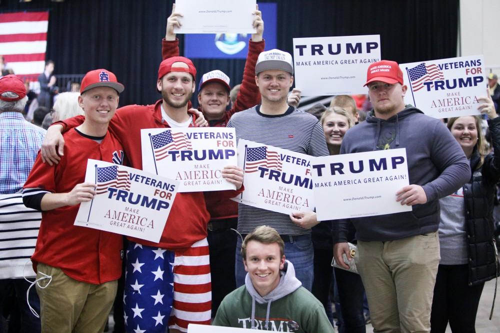 GVL / Emily Frye 
(from left to right) Seth Stevens, Bryce Baker, Austin Stevens, Ty Wilson, and Jack Hansma during the rally on Monday Nov. 7, 2016