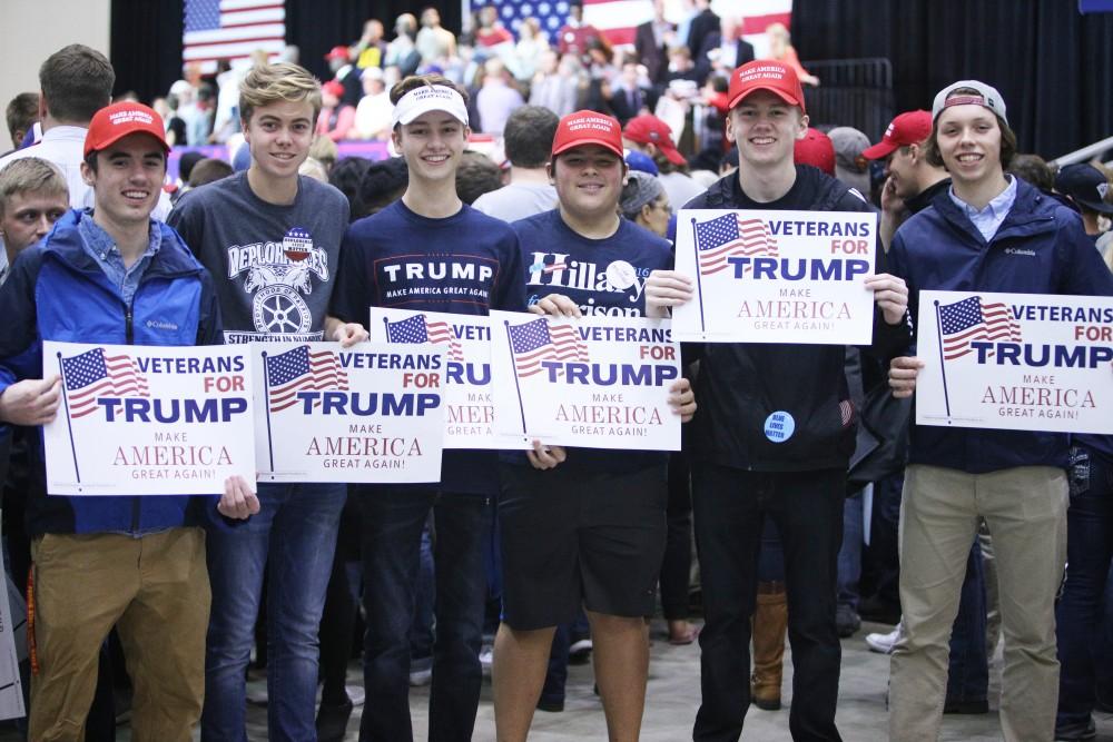 GVL / Emily Frye 
(from left to right) Jacob Deboer, Tyler Schultz, Michael Whitel, Brennan Crevier, Alex Whitman, and Tyler Brown during the rally on Monday Nov. 7, 2016