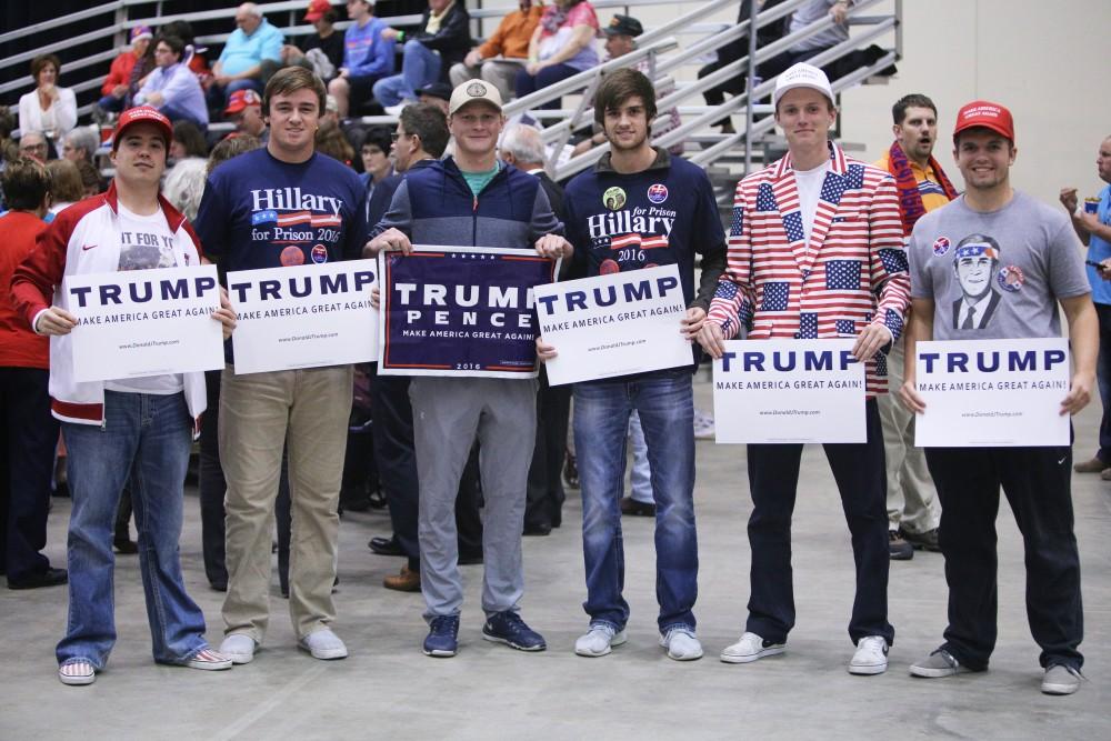 GVL / Emily Frye 
(from left to right) Jett Denhartigh, Nathan Vansolkema, Evan Tino, Brandon Vansolkema, Eric Vanvoorst, and Will Tucker during the rally on Monday Nov. 7, 2016